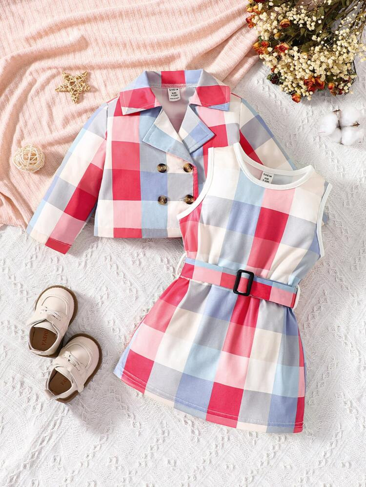 Baby Plaid Print Double Breasted Blazer & Belted Tank Dress | SHEIN