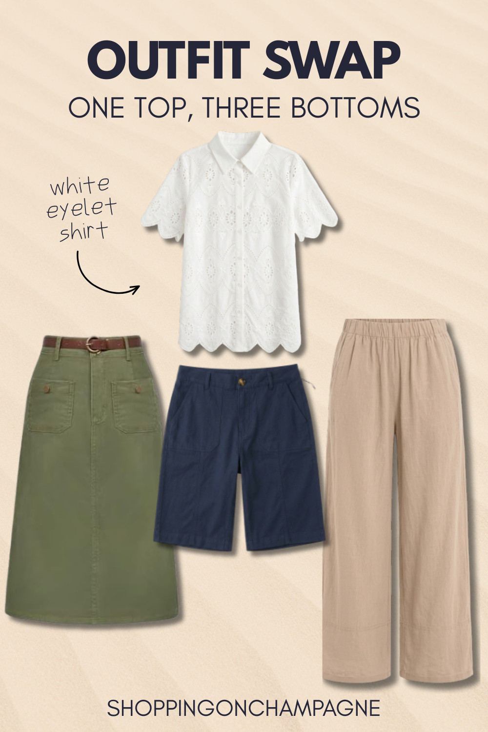 A white eyelet shirt is one of the most versatile tops of the summer. Pair it with an olive midi skirt, navy shorts, or tan wide-leg pants for three completely different looks, all effortlessly put together. 

 #LTKSeasonal #LTKOver40 #LTKMidsize