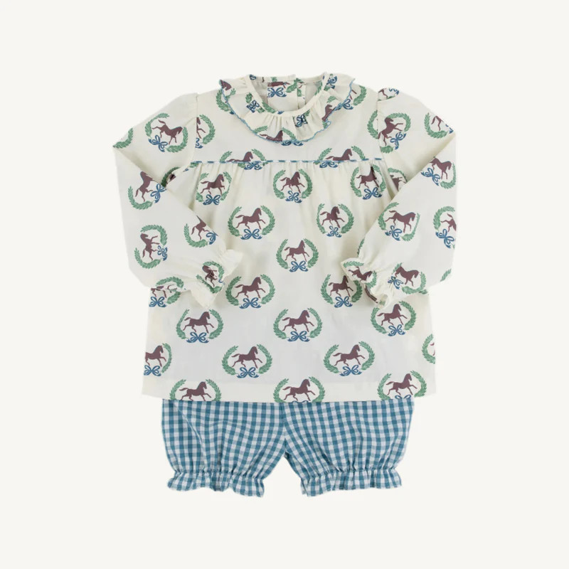 Bon Air Bloomer Set - Highland Horses with Barnsley Blue Gingham | The Beaufort Bonnet Company