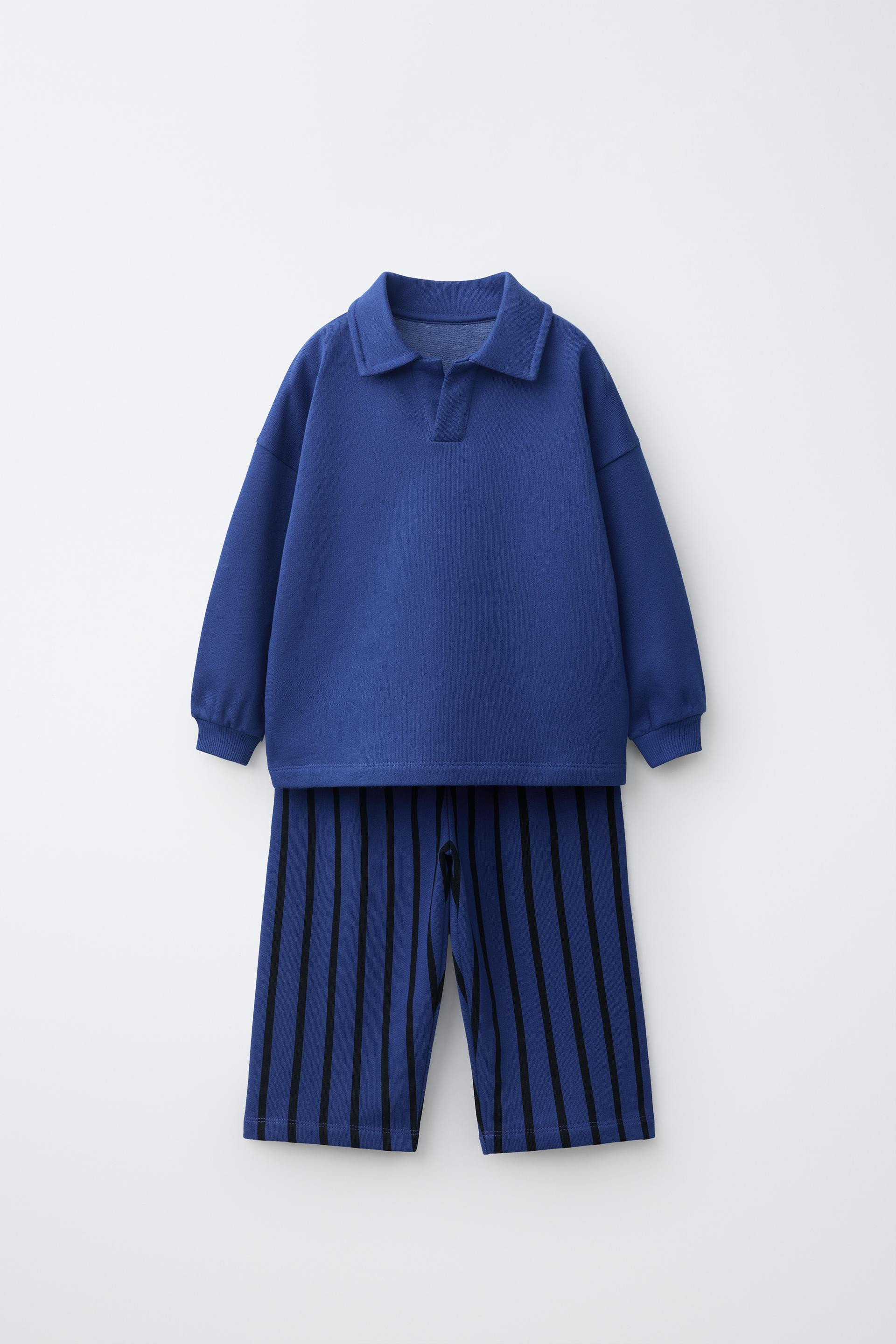 Zara - Striped Polo Sweatshirt And Wide-Leg Pants Set - Bluish - 5 Years (43,3 Inches) - Kids | Zara US