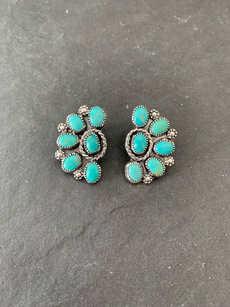 Native American Sterling Silver Campitos Turquoise Southwestern Half Cluster Stud Earrings, Holid... | Etsy (US)