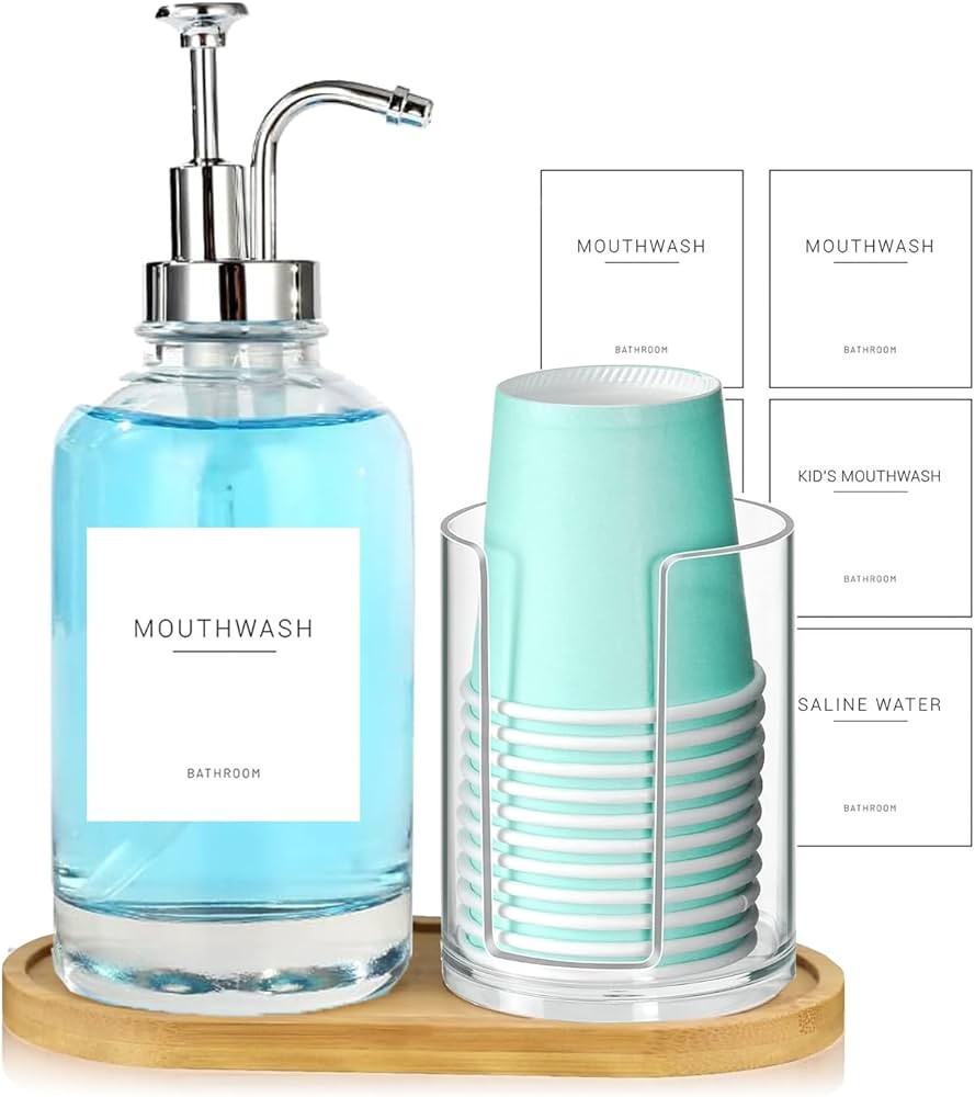 Ezebesta 17OZ Mouthwash Clear Glass Pump Dispenser with Disposable Mouthwash Cups Holder Refillab... | Amazon (US)