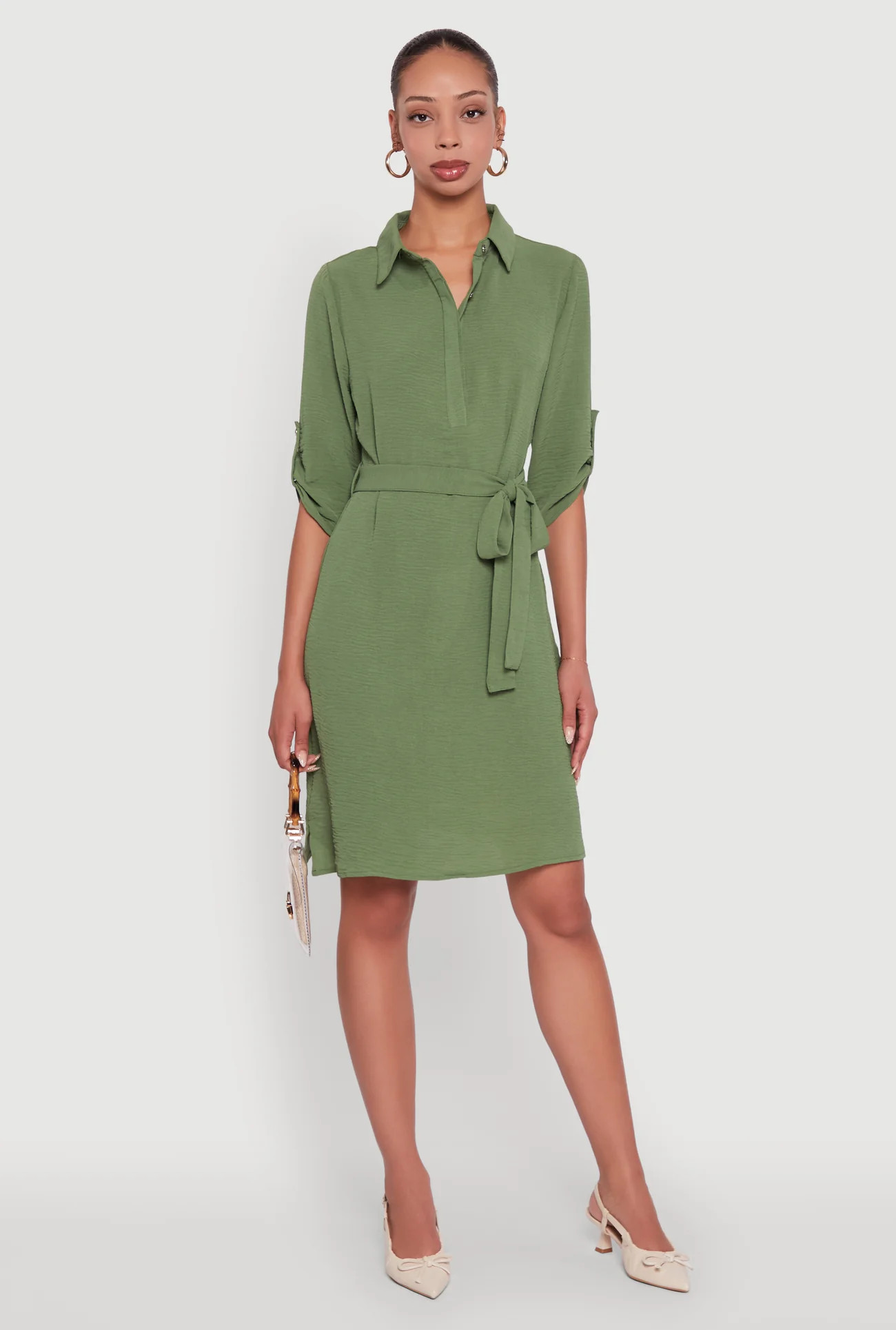 Airy Three Quarter Tabbed Sleeve Belted Shirt Dress | Rainbow Shops