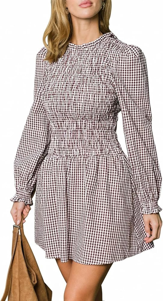 CUPSHE Womens Fall Plaid Dress Long Sleeve Smocked Mini Dress Mock Neck Flowy Babydoll Mini Dress | Amazon (US)