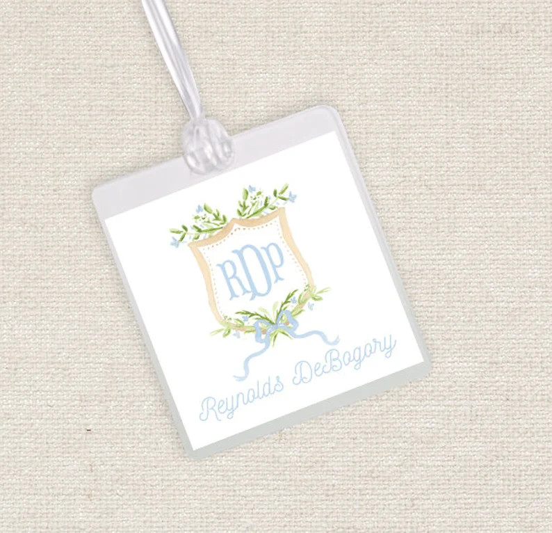 Watercolor Blue Floral Crest Luggage Diaper Bag Tag // greenery // boy // floral // monogram // b... | Etsy (US)