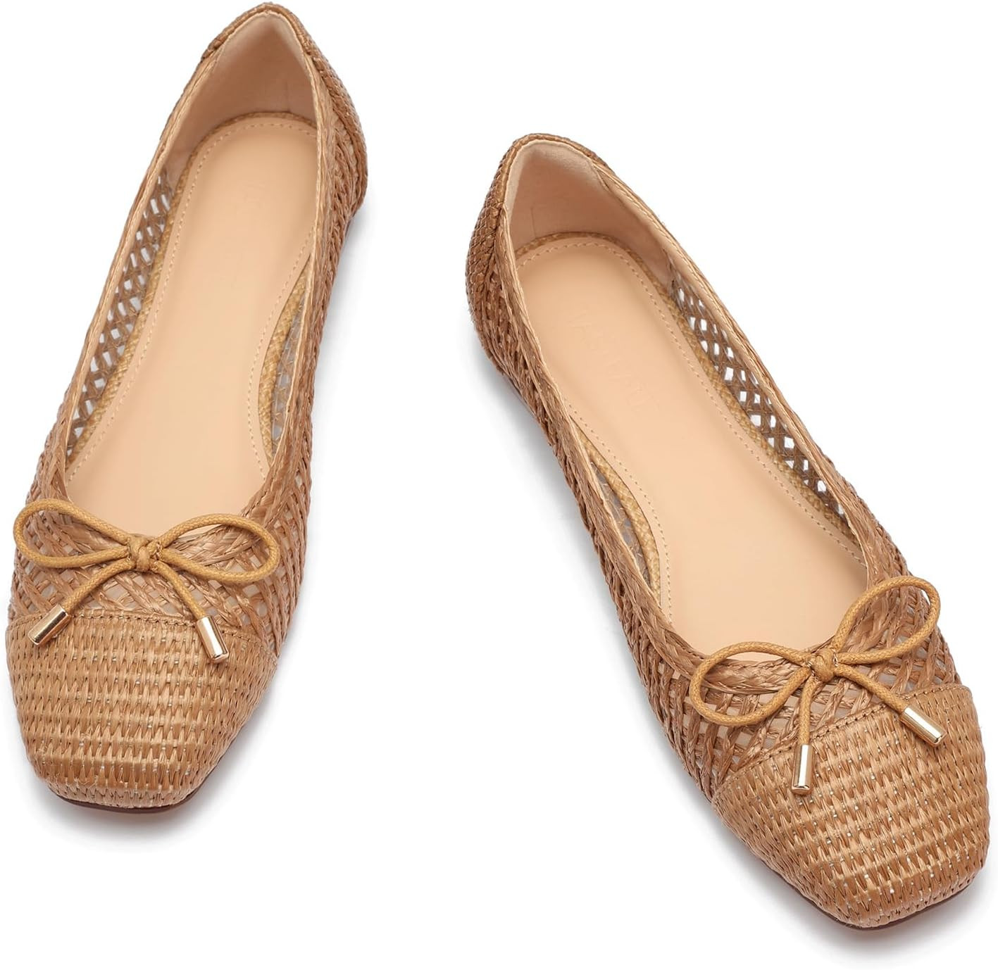 Woven Ballet Flats Shoes for Women Raffia Square Toe Dress Shoes with Bow Comfortable Slip on Flats | Amazon (US)