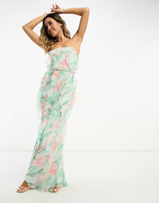 ASOS DESIGN ruffle bandeau maxi dress with tie waist in watercolor print | ASOS (Global)