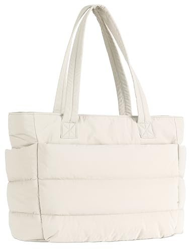 ECLSDL Tote Bag for Women, Lightweight Puffy Quilted Shoulder Bag with Multiple Compartments, Travel Work Gym, Everyday Tote, Beige | Amazon (US)