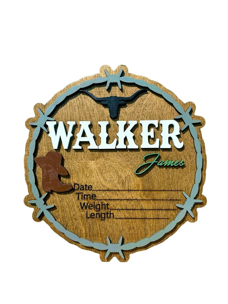 baby announcement decor for newborn western style rustic farmhouse round name sign with birth sta... | Amazon (US)