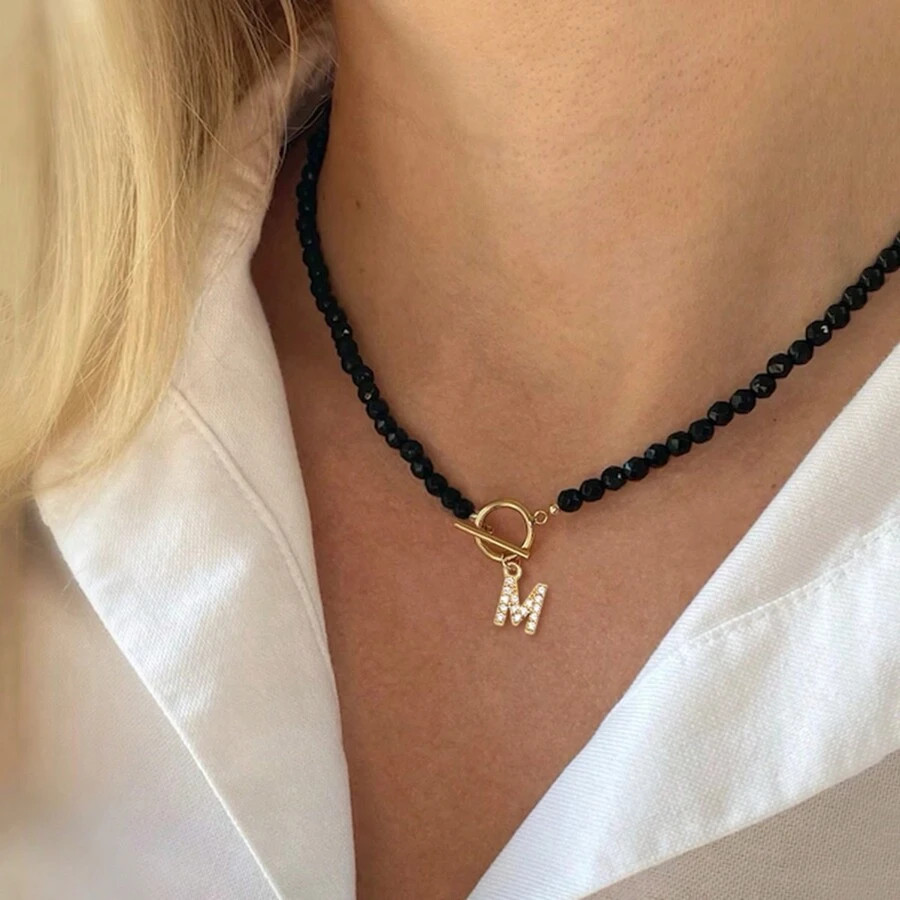 1pc Classic A-Z Initial Toggle Clasp Stone Bead Necklace For Women | SHEIN