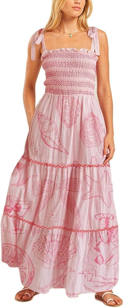 Summer Boho Tie Shoulder Dress for Women 2025 Y2k Sleeveless Floral Smocked Tiered Flowy Maxi Dre... | Amazon (US)