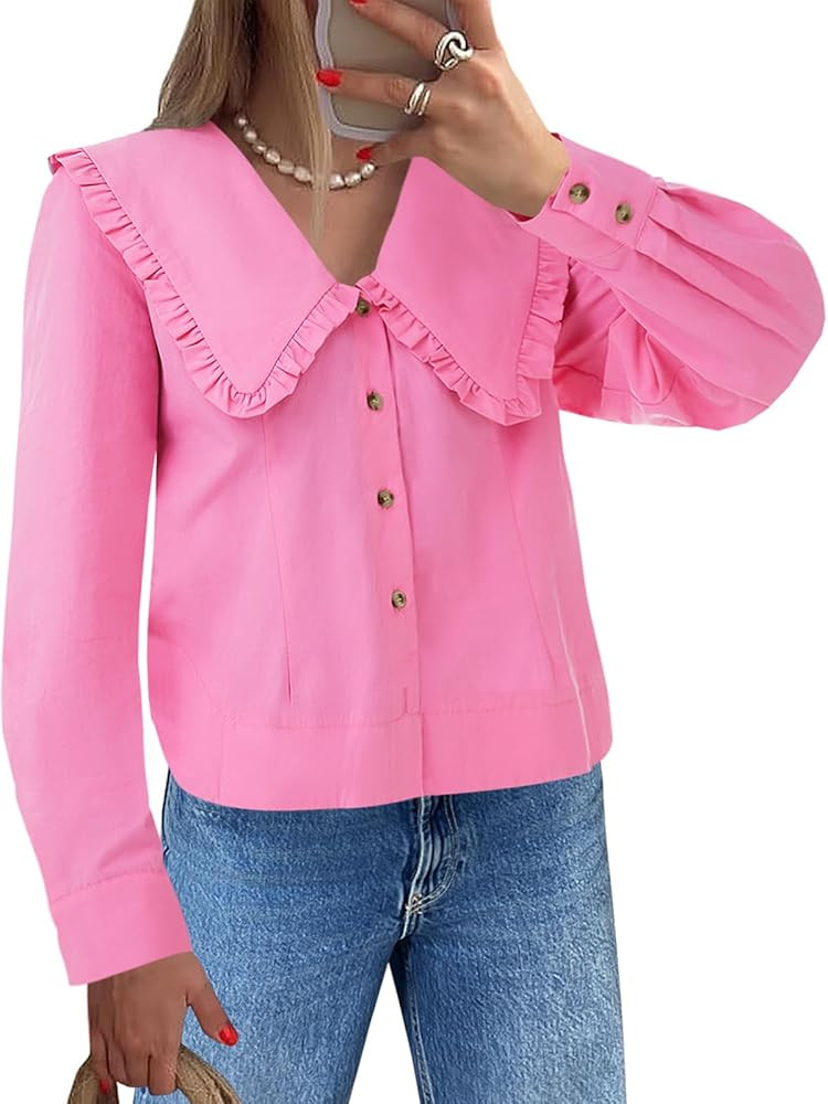 Cicy Bell Womens V Neck Ruffle Shirts Cute Long Sleeve Button Down Tops Casual Work Office Blouse... | Amazon (US)