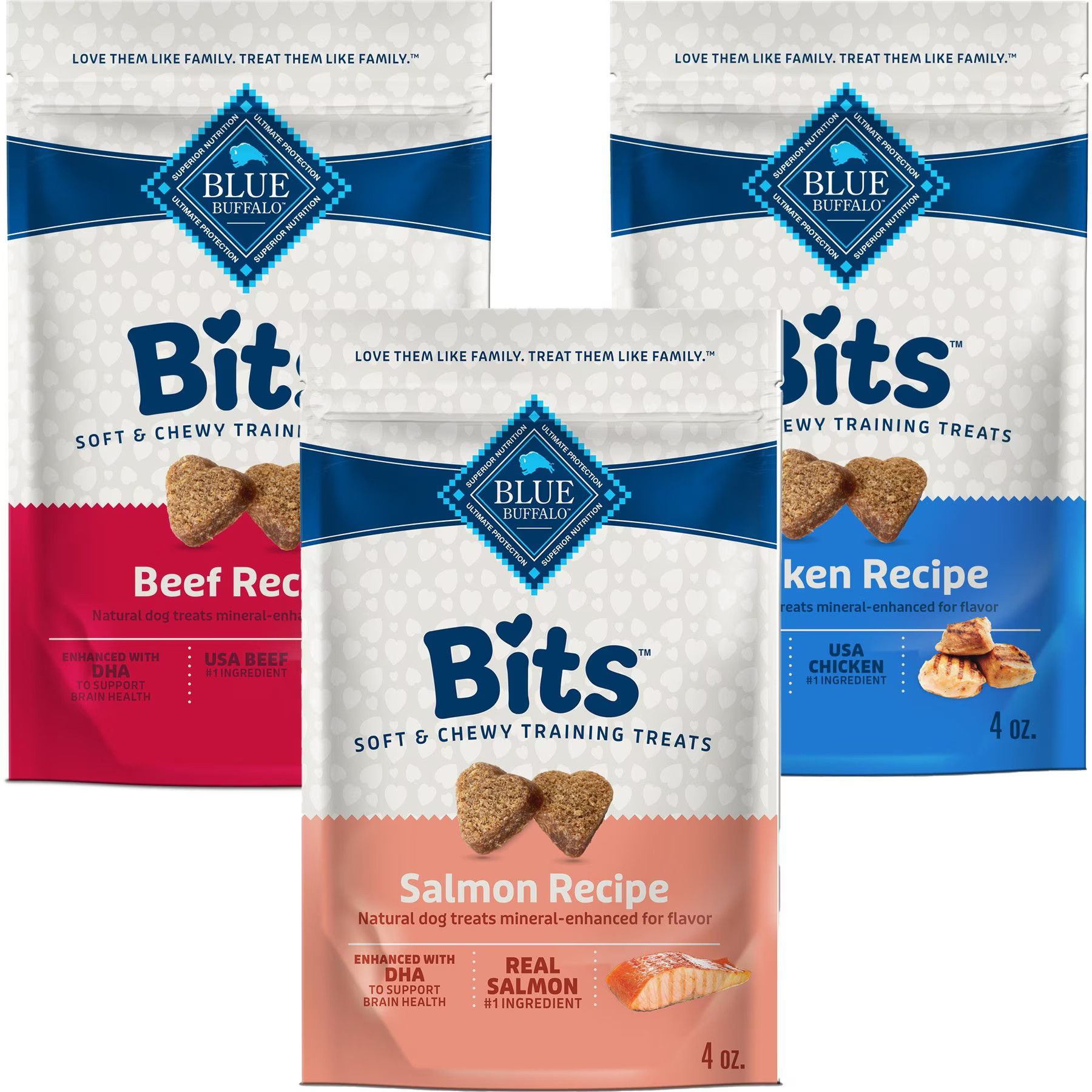 Variety Pack - Blue Buffalo Blue Bits Tender Beef Recipe Soft-Moist Training Dog Treats, 4-oz bag, Chicken & Salmon Flavors | Chewy