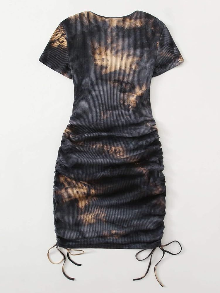 SheIn Women's Ruched Drawstring Bodycon Mini Dress Short Sleeve Round Neck Ribbed Knit Dresses | Amazon (US)