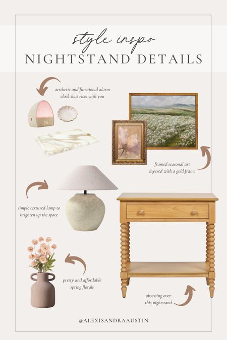 Nightstand details style inspo! A great way to elevate your nightstand is with a mix of practical items like an aesthetic alarm clock with catch all trays and seasonal decor 

Nightstand inspo, my decor style, spring refresh, spring florals, textured lamp, wooden nightstand, furniture faves, seasonal canvas art, gold frame, hatch alarm clock, trinket bowl, marble tray, Amazon Prime, Target, Etsy, neutral home, aesthetic finds, bedroom refresh, shop the look!

#LTKhome #LTKstyletip #LTKSeasonal