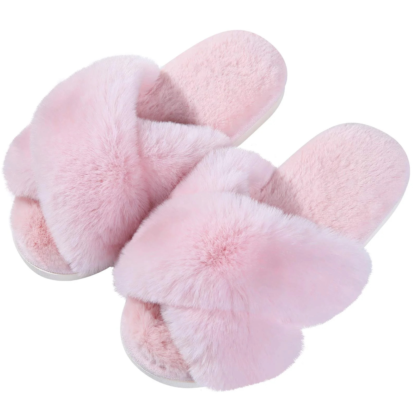 Litfun Women's Fuzzy Slippers Open Toe Cross Band Slippers Memory Foam House Slippers for Women, ... | Walmart (US)