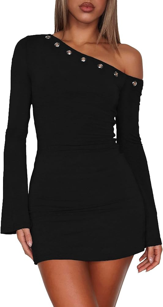 Women's One Shoulder Metal Ring Dresses Sexy Flared Long Sleeve Slim Fit Bodycon Going Out Club P... | Amazon (US)