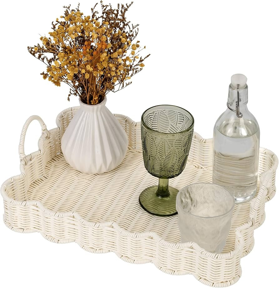 GRANNY SAYS Scalloped Edge Rectangle Serving Tray, Coffee Table Tray, Wicker Serving Trays with H... | Amazon (US)