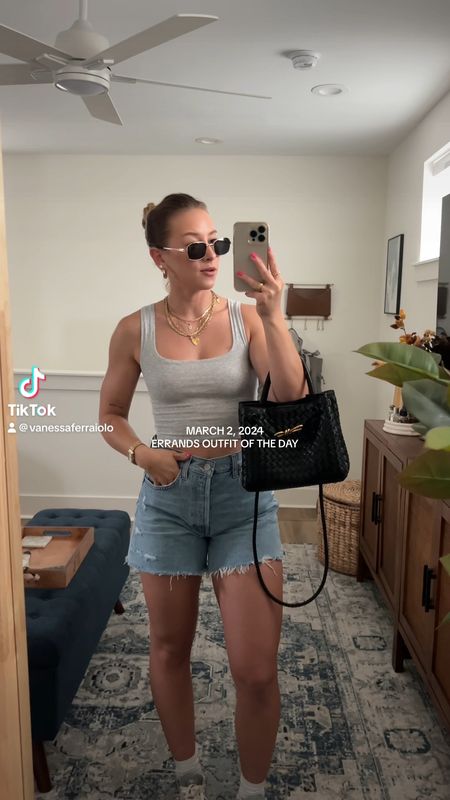 Errands outfit 🤌🏼 Agolde shorts, agolde denim shorts, denim shorts, jean shorts, summer style 2024, spring fashion 2024, basic tank, skims tank, casual outfits, casual errands outfit


