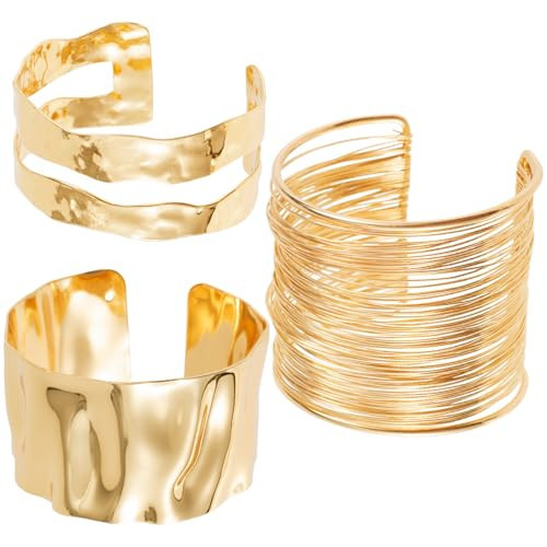 HINZIC 3pcs Chunky Cuff Bracelets for Women, Adjustable Wide Gold Plated Chunky Bangles Bracelets, Vintage Irregular Stackable Minimalist Wire Hammered Bangles Punk Jewelry | Amazon (US)