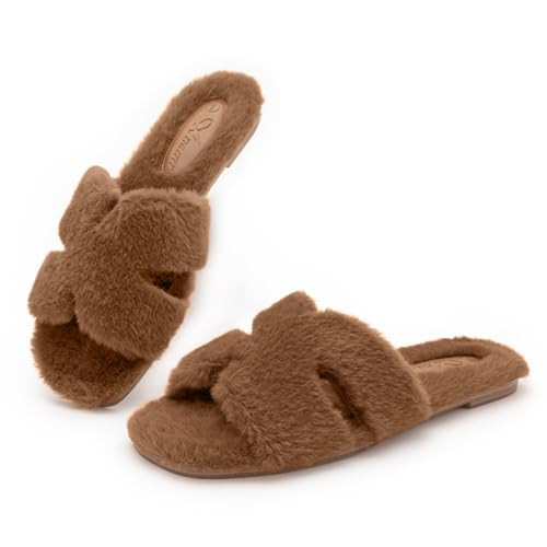 Athlefit Women's Fuzzy Slippers Cute Comfy Fluffy Open Toe Slip-on House Slide Slippers for Indoor Bedroom Bridesmaid, Brown, Size 8, AD01354 | Amazon (US)