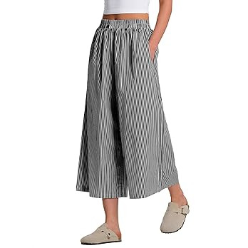 LOMON Womens Wide Leg Capri Pants Gingham Plaid Culottes Summer Elastic Waist Palazzo Trousers Bo... | Amazon (US)
