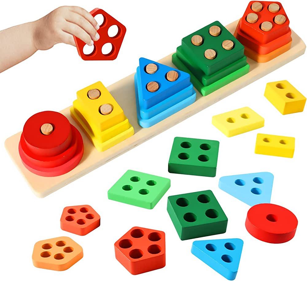 Abellzos Montessori Toys for 3+ Year Old, Wooden Sorting Stacking Toy for Toddlers 1-3, Color Sha... | Amazon (US)
