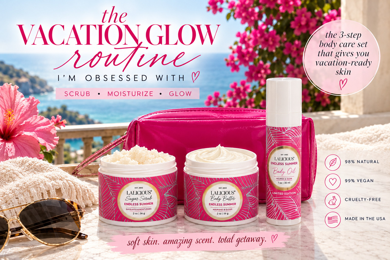 The LALICIOUS Endless Summer body care set that makes every shower feel like the first day of vacation. 🌺☀️✨

I received this 3-step routine as a gift, and I genuinely LOVED it—the scent, the textures, and how soft and glowy my skin felt afterward. 

The limited-edition Endless Summer fragrance gives total tropical-getaway energy without needing to leave home.

Start with the LALICIOUS Sugar Scrub to gently exfoliate and smooth away dry, dull skin. Follow with the rich Body Butter for long-lasting moisture, then finish with the nourishing Body Oil to seal everything in and leave behind the prettiest vacation-ready glow.

The travel-friendly set includes all three essentials in a glossy pink cosmetic bag, making it perfect for vacations, weekend getaways, self-care nights, gifting, or keeping in your carry-on. 

The formulas are also 98% natural, 99% vegan, cruelty-free, and made in the USA.

Soft skin, an amazing summer scent, and a complete glow routine in one adorable set—this is the body care trio I’ll be using long after vacation ends.

📌 SAVE this LALICIOUS Endless Summer routine before the limited-edition set is gone!

@lalicious_la

Everything is linked! ↓

#LTKSaleAlert #LTKBeauty #LTKTravel