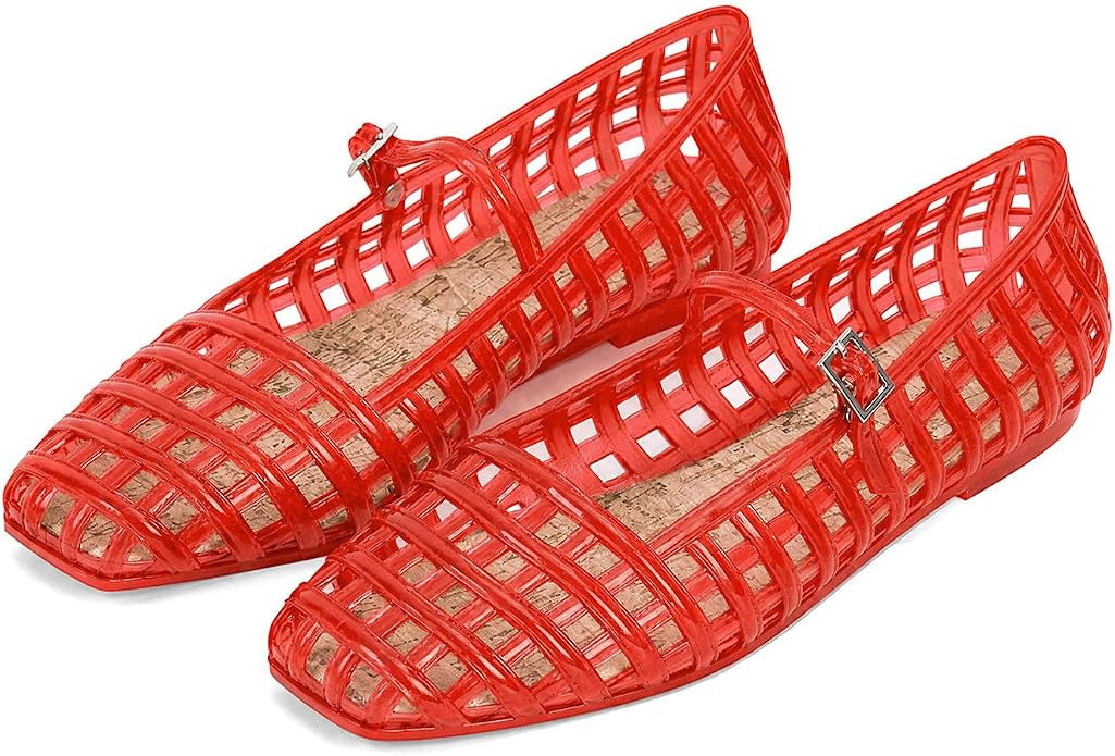 Jelly Mesh Ballet Flats for Women Hollow Square Toe Jelly Sandals Beach Ballerina Flats Summer Cu... | Amazon (US)