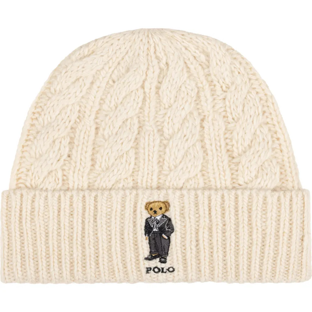 Polo Ralph Lauren Tux Bear Cable Merino Wool, Alpaca & Linen Beanie in Cream at Nordstrom | Nordstrom