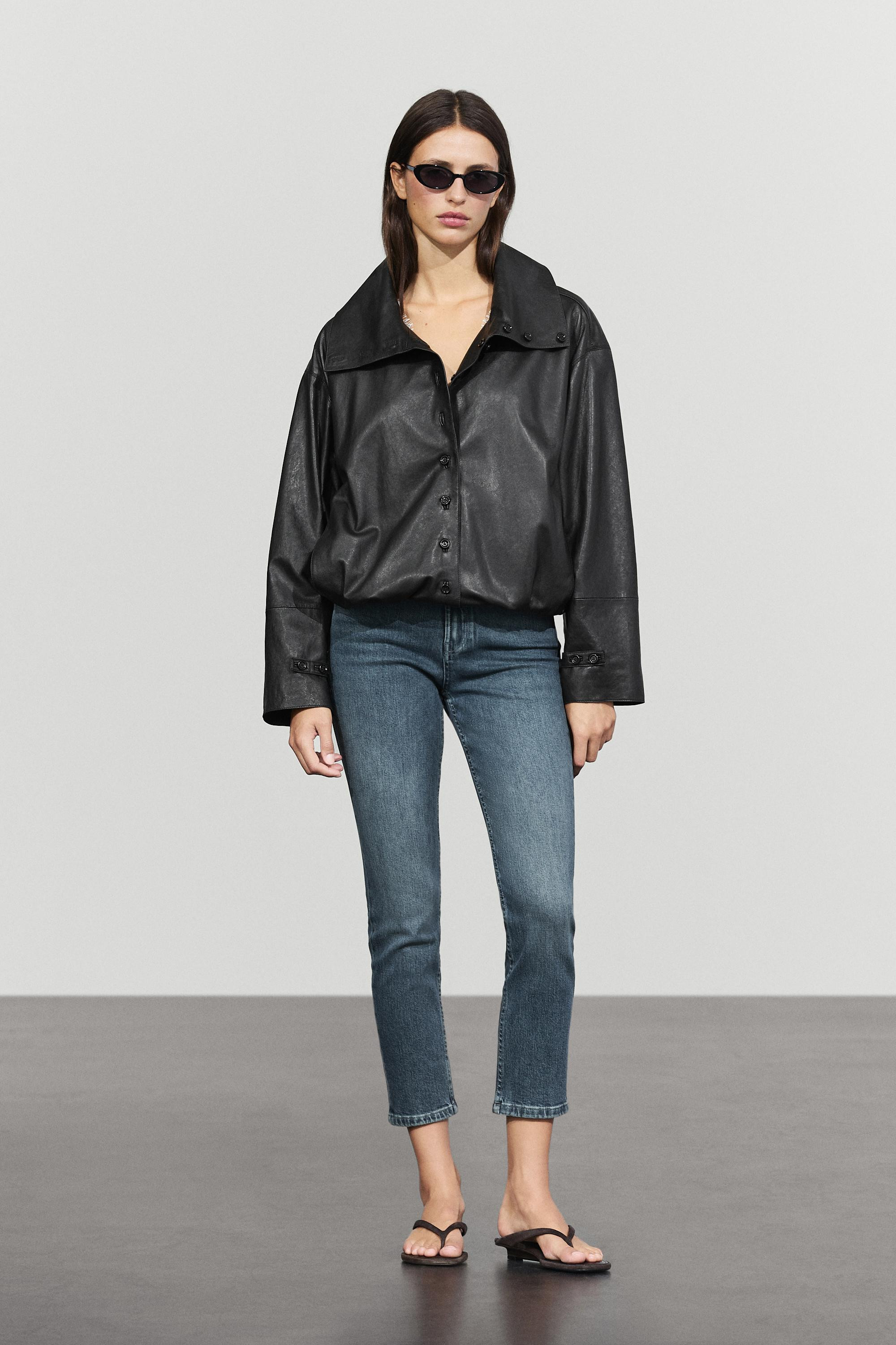 Nappa leather bomber jacket with button detail | Massimo Dutti US