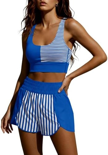 Fisoew Womens Two Piece Workout Outfits Cropped Tank Top Color Block Gym Yoga Athletic Short Sets... | Amazon (US)