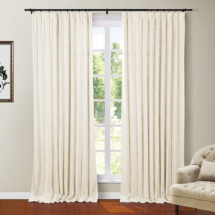 TWOPAGES Polyester Linen Blackout Ivory Curtain for Living Room Thermal Insulated Drape with Pinc...
