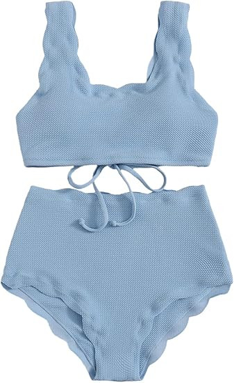 SweatyRocks Women's 2 Pieces Swimsuit High Waist Scalloped Trim Lace Up Bikini Set | Amazon (US)