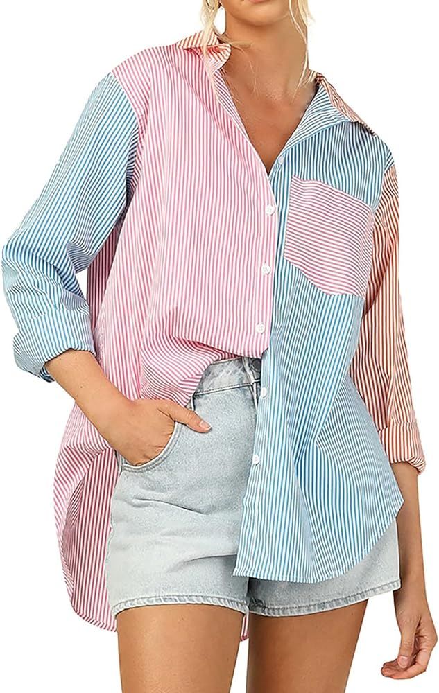 Womens Summer Fall Button Down Shirts 2022 Casual Trendy Long Sleeve Collared Striped Loose Cute Dre | Amazon (US)
