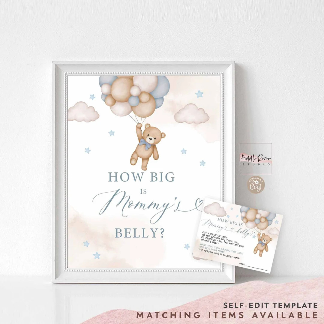 Editable Blue Boy Teddy Bear Guess How Big is Mommy's Belly Game Sign and Card Baby Shower Sprink... | Etsy (US)