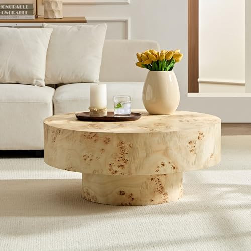 DREAMODERN 31.49" Round Coffee Table with Burl Wood Veneer & Sturdy Pedestal, Modern Luxury Circle Drum Center Table, Accent Side Table End Table for Living Room Apartment, Natural | Amazon (US)
