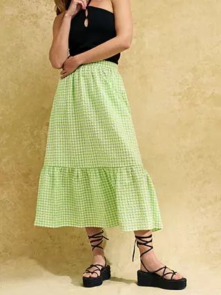 Nobody's Child Bianca Gingham Tiered Hem Midi Skirt, Green | John Lewis (UK)