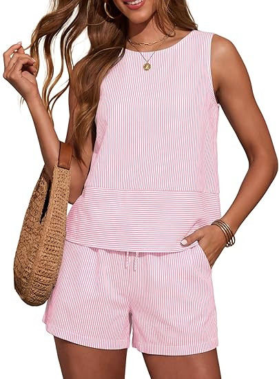 LOMON Women's Trendy 2 Piece Outfits Shorts Sets Summer Crew Neck Sleeveless Tank Top and Bottom ... | Amazon (US)