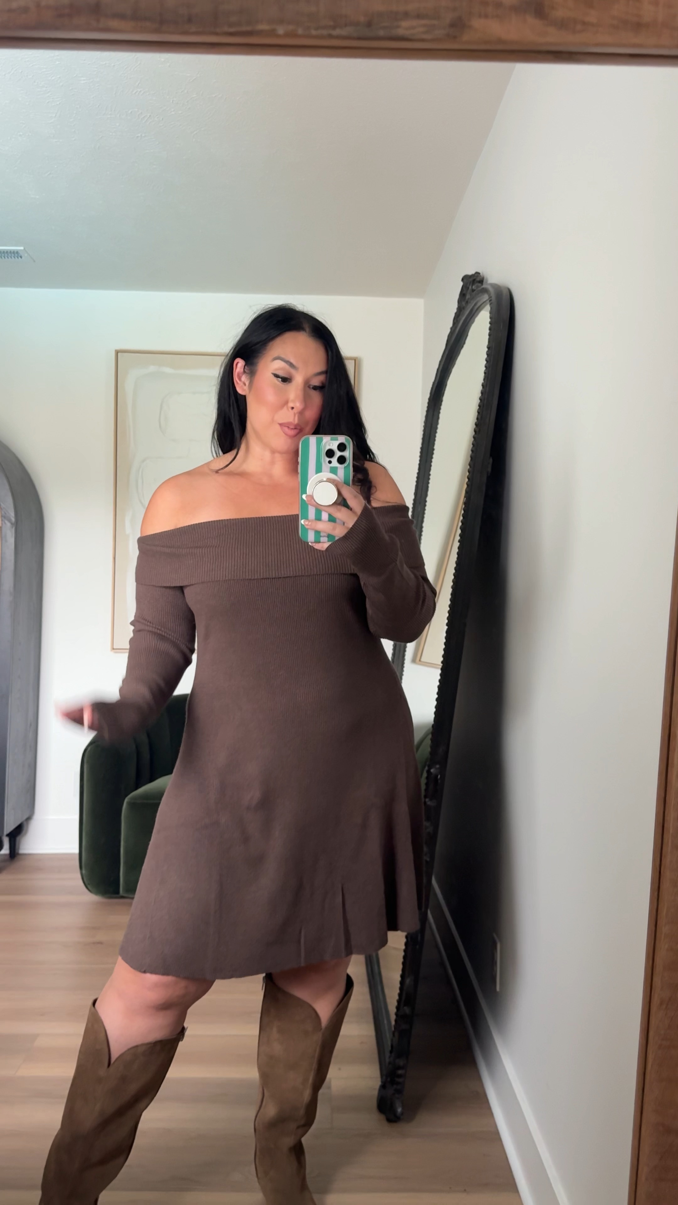 A brown sweater dress is a yes for fall! So soft and the length is perfect! Wearing a large! ae, american eagle, fall style, fall fashion, midsize, curvy 

 #LTKSeasonal #LTKMidsize