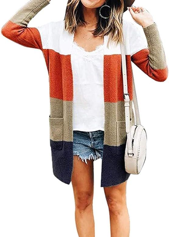 Womens Long Sleeve Casual Striped Cardigan Color Block Knit Open Front Sweater Coat | Amazon (US)