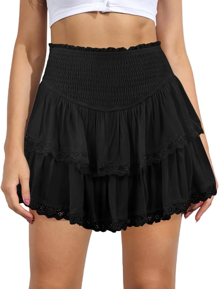 Women's Cute High Waist Ruffle Mini Skirt Layered Ruffle Hem Flared Flowy Casual Swing Beach Mini... | Amazon (US)