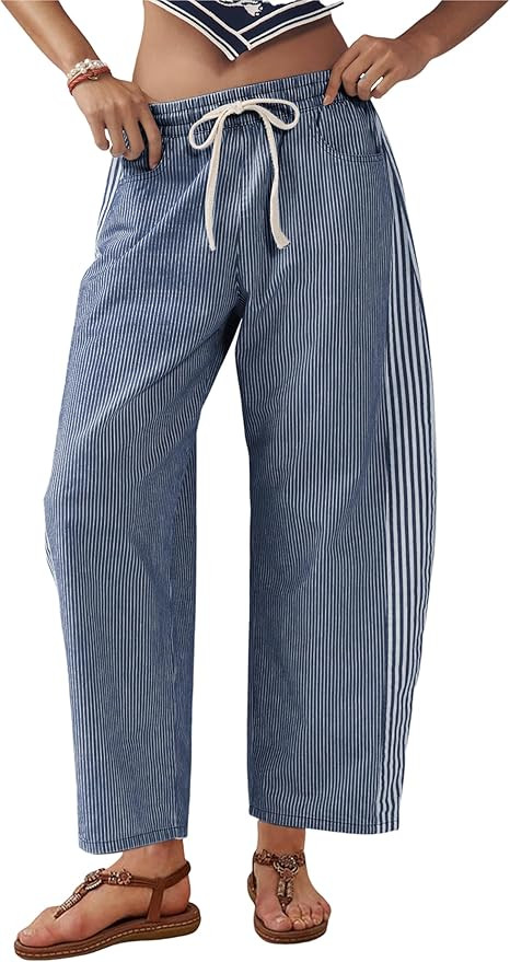 SCUSTY Women's Baggy Wide Leg Jeans Mid Rise Barrel Denim Ankle Pants Casual Striped Pull On Draw... | Amazon (US)