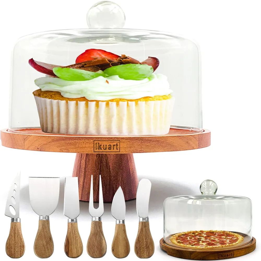 Ikuart Cake Stand and 6pcs Cheese Knife Set, Cake Plate with Glass Dome, Acacia Wood Serving Tray... | Amazon (US)