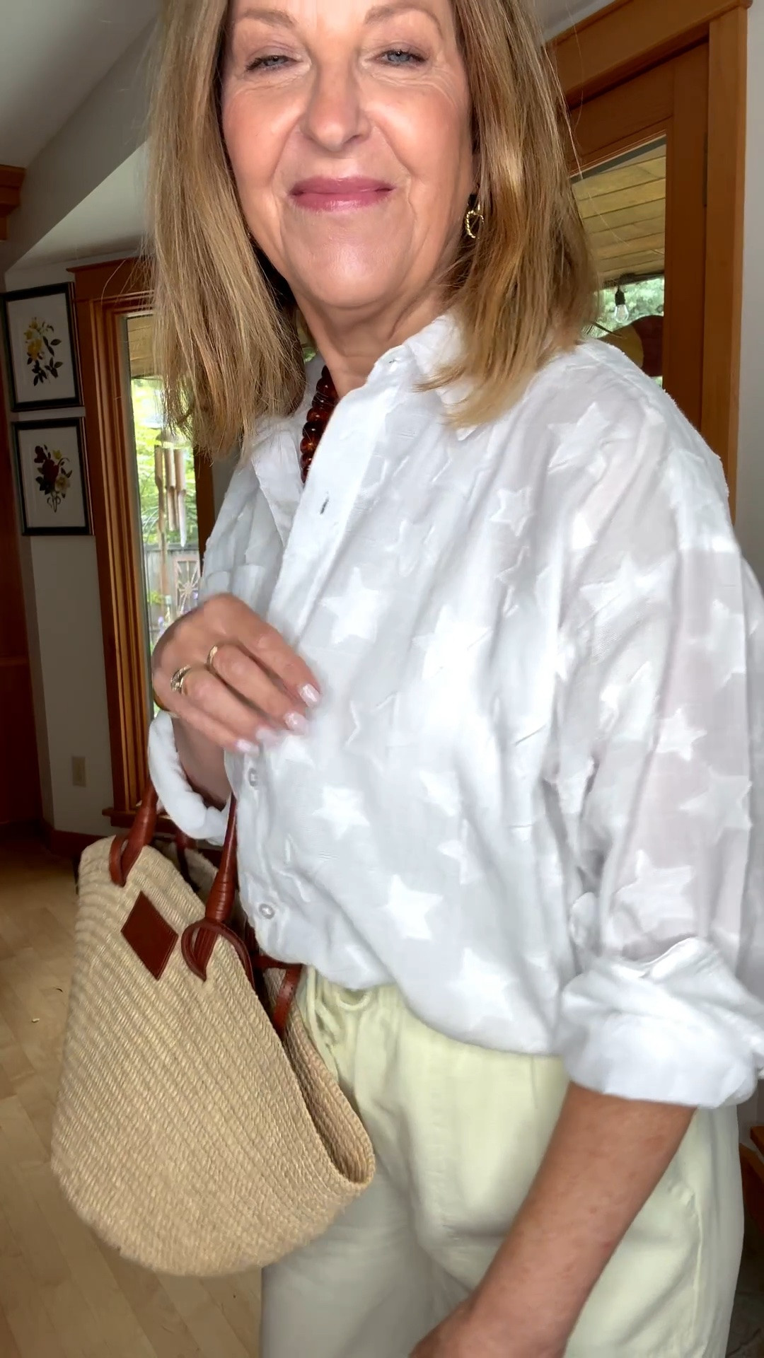 Summer outfit. Star button up
Top fits tts . I'm wearing a size XS. Drawstring pants are so cute. Love the color, and they fit tts. 

Love the tote and the cute flat sandal.