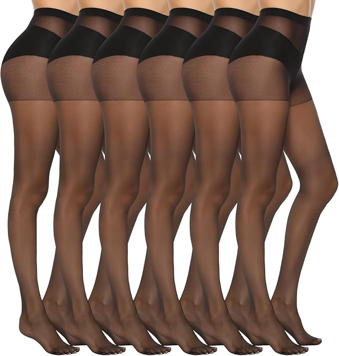MANZI 6 Pairs Women's 20D Sheer Silky Pantyhose Run Resistant Nylon Tights High Waist Stockings w... | Amazon (US)