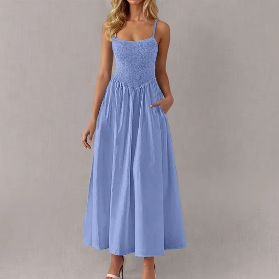 Blmnix Slip Dress Dresses for Women Pleated Tent Dress Blue Square Neckline Sleeveless Spring Dre... | Walmart (US)