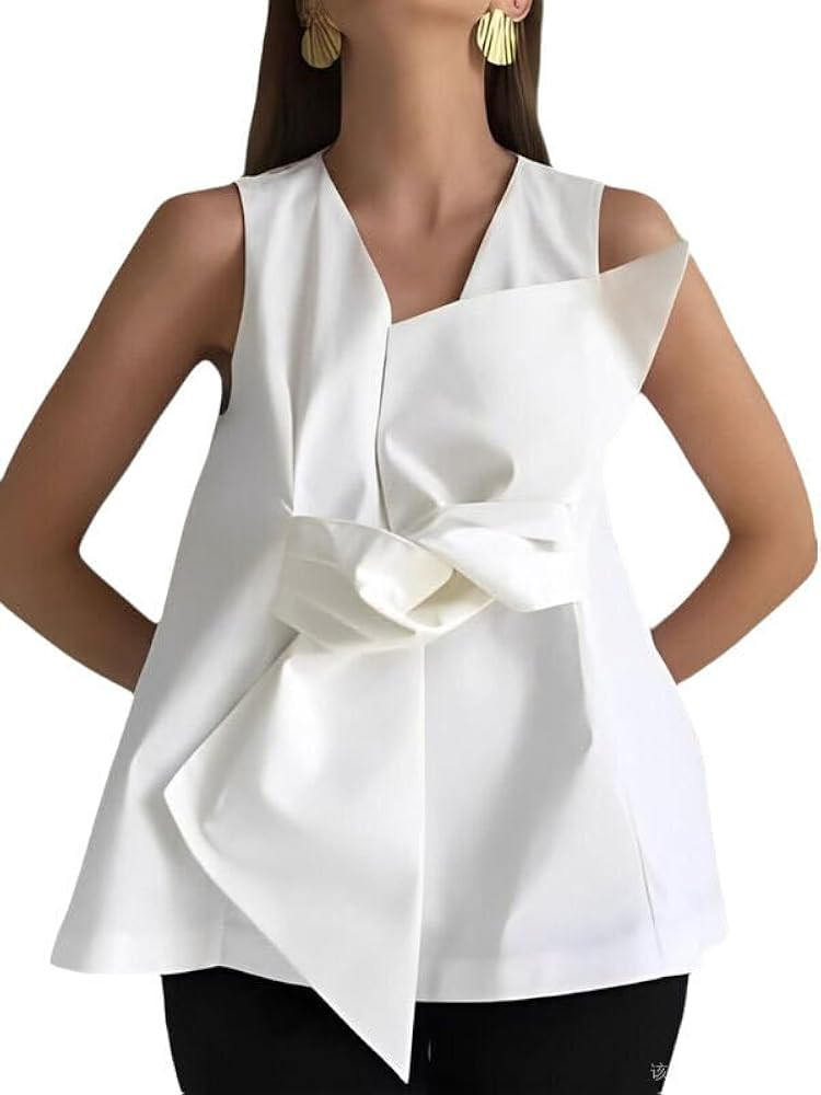 UOOZEE Women's Sleeveless Bow Tie Knot Tank Top Blouse Shirts V Neck Loose Fit Dressy Summer Tops | Amazon (US)