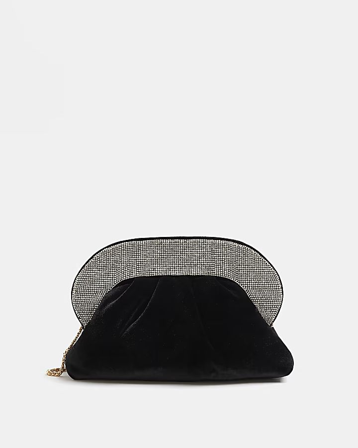 Black velvet diamante clutch bag | River Island (US)