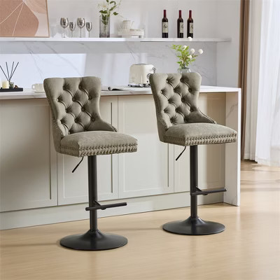 Set of 2 Bar Stools, Modern Upholstered Swivel Counter Stools with Tufted Backrest, Rivet Trim, and 26-33 inch Adjustable Height for Kitchen,Green | Target